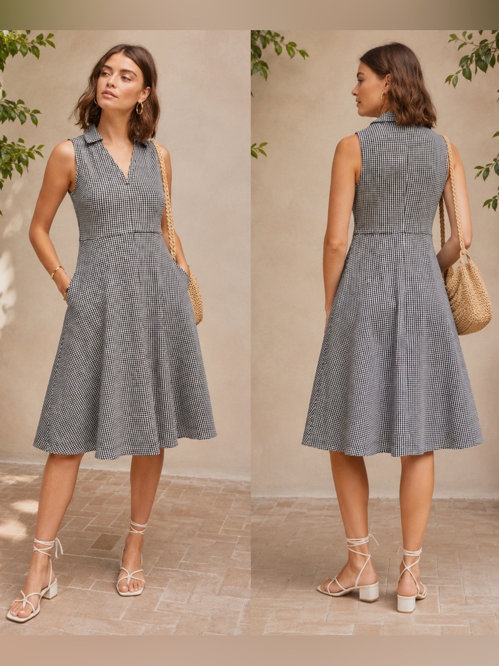 Maeve‎ Anthropologie Gingham Collared Fit & Flare Dress Size 4 Pockets